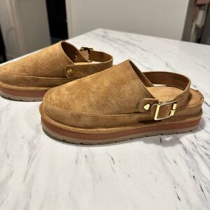 Madden Girl Tan Mules with Gold Buckle